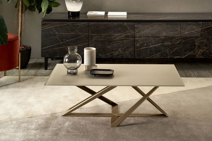 Τραπεζάκι Millenium Coffee 120x65x40cm γυαλί anti-scratch - βάση χρυσό μέταλλο - Bontempi